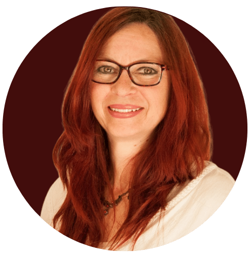 Babs Businessfoto, rund, mit rotem Hintergrund