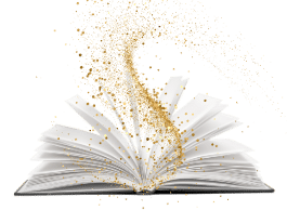 Buch offen, mit weißen Seiten im Bogen und darauf goldene Glitzer